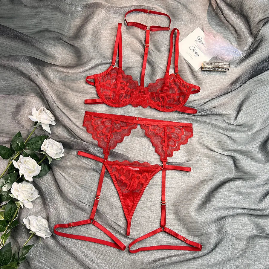 Europe and the United States independent station hot sexy underwear lace sexy hanging neck basic three-piece set spot second hair