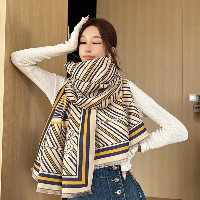 women's elegant simple style stripe flower imitation cashmere scarf