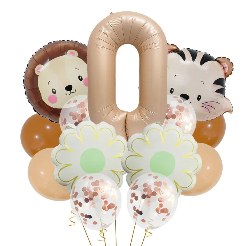 Retro Forest Tiger Lion Animal Balloon Set Caramel Digital Birthday Party Decoration Balloon Aluminum Foil Material
