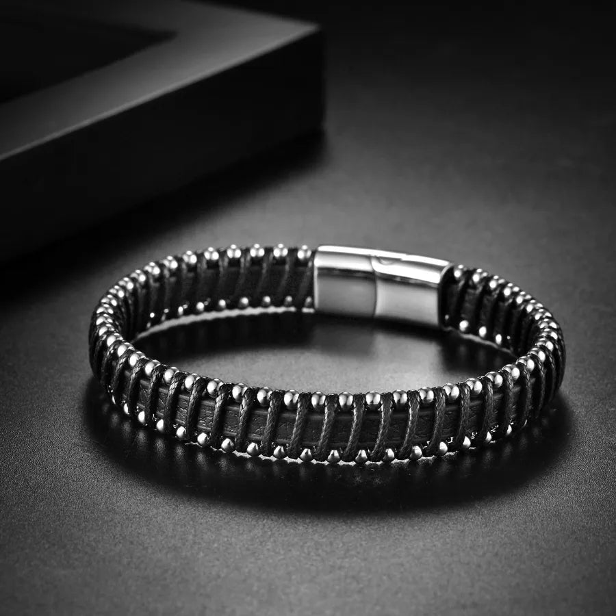 Hip-Hop Geometric Solid Color 316 Stainless Steel Leather Wholesale Bracelets