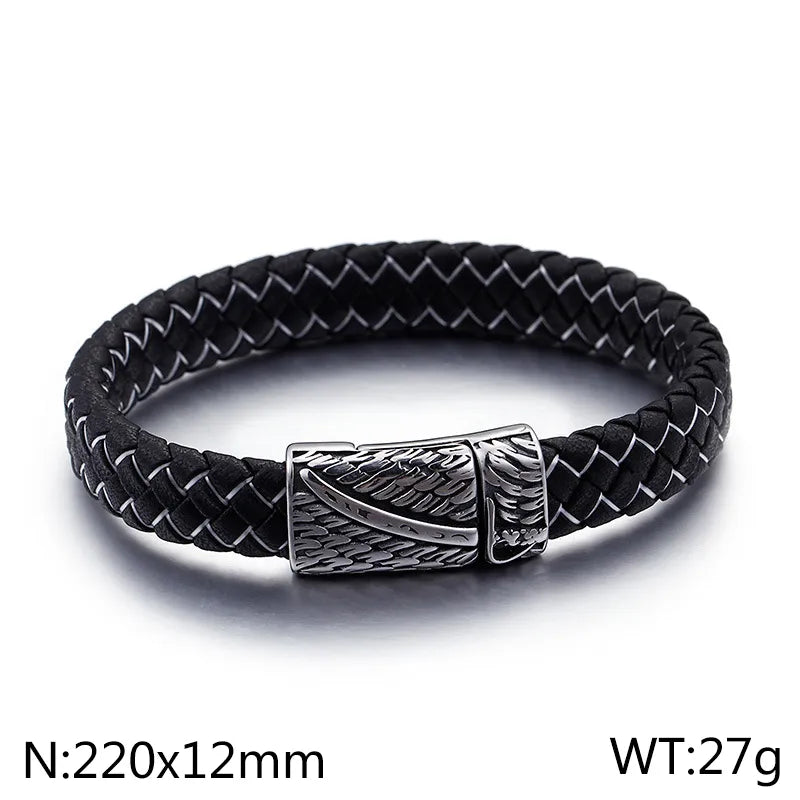 hip-hop retro color block pu leather titanium steel braid men's bangle