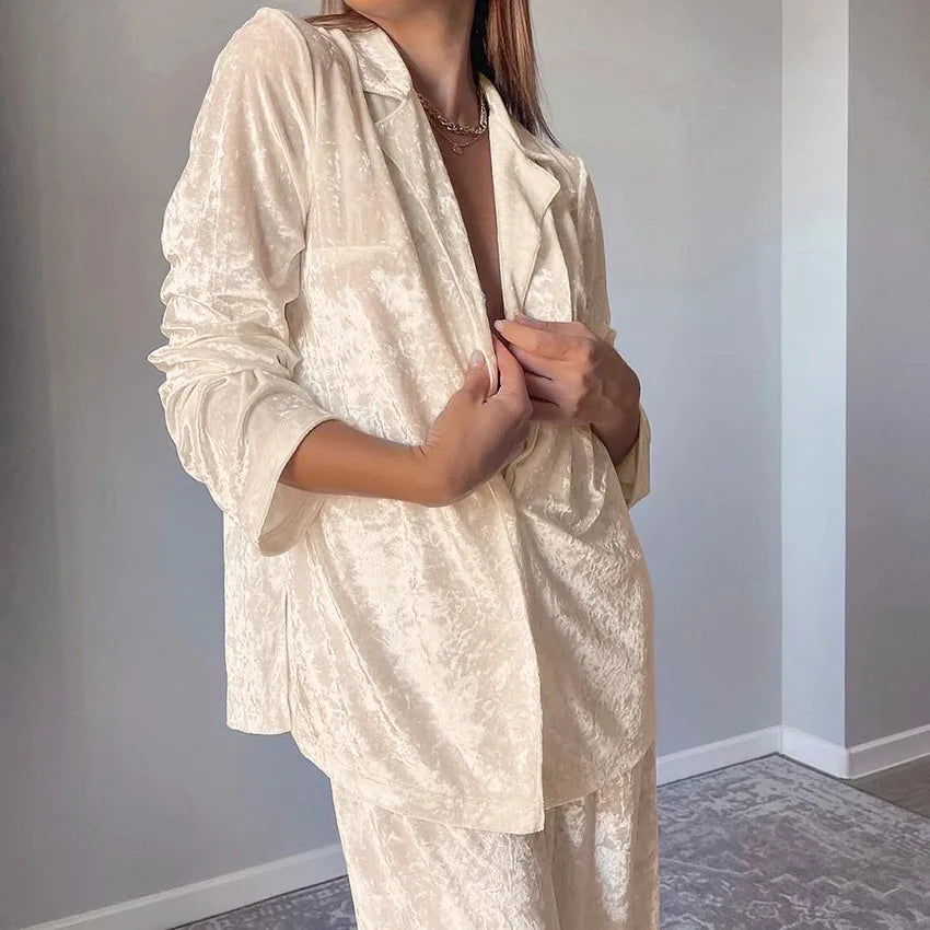 Home Outdoor Women's Luxurious Solid Color Polyester Fleece Pants Sets Pajama Sets