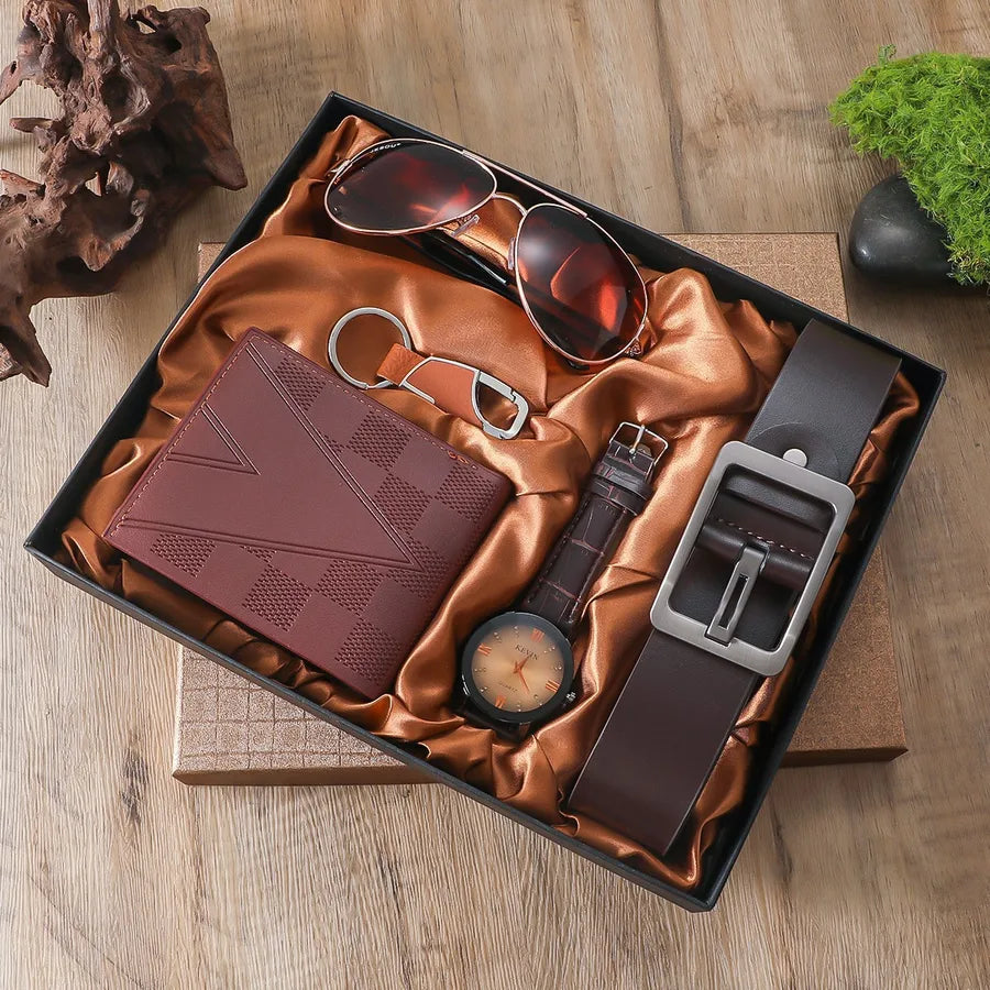 Solid Color Buckle Quartz Men's Watches Gift Set