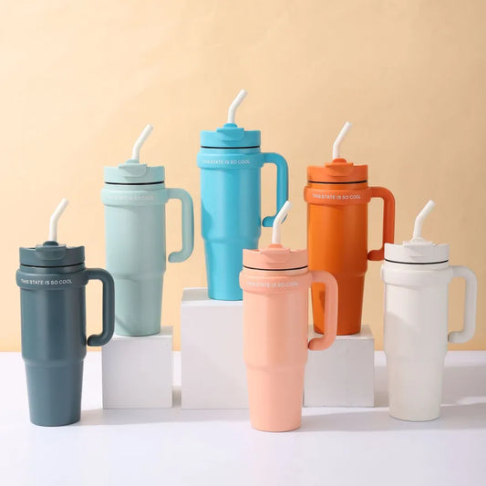 Giant 30Oz Handle Cup, 304 Stainless Steel Thermos Cup, Car Double Drinking Straw Large Ice Cup