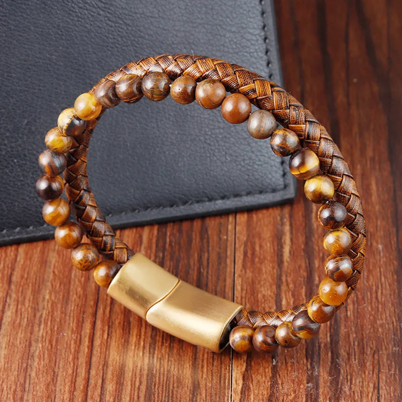 Ornament Fashion Retro Multi-Layer Woven Yellow Tiger-Stone Beaded Stainless Steel Leather Bracelet L20304