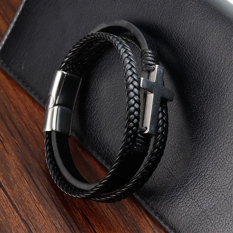 Leather Bracelet Stainless Steel Leather Braided Bracelets Cross Genuine Leather Multi-Layer Men's Jewelry L20267