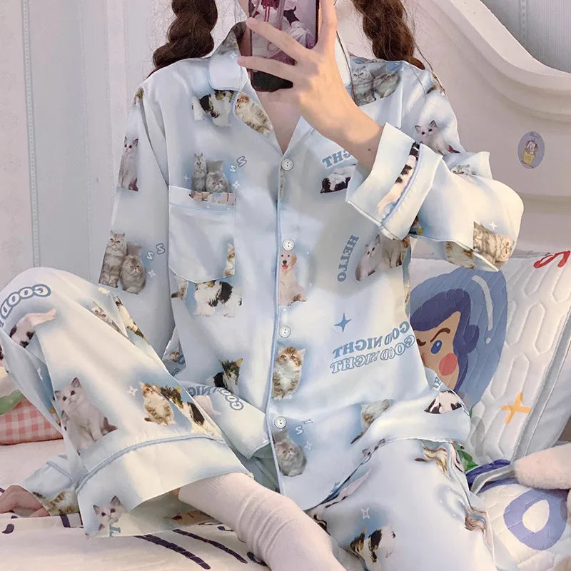 Pure Color Lace Splice Smooth Ice Silk Sleepwear Set Women Long Sleeve Long Pants Two Piece Set High-End Sensation Home Clothes