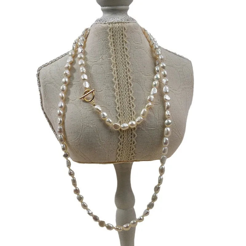 Natural Pearl Necklace Long Casual Women's Fashionable French Vintage Irregular Shape OT Clasp Sweater Chain Jewelry