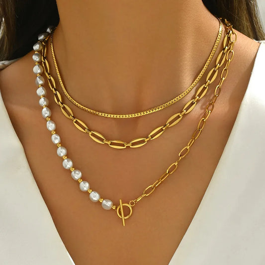 A Style Imitation Pearl OT Buckle Chain Twin Three-Layer Necklace Baroque Style Temperament Personality Lady Date Party Gathering Matching Necklace