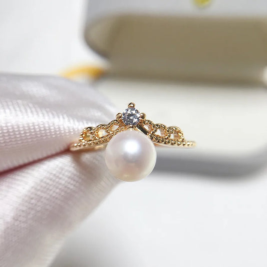 Zhuji Natural Freshwater Pearl Ring Loose 18K Gold Lace Crown Finger Ring Origin Wholesale
