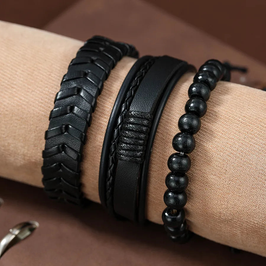 3 piece set casual solid color beaded pu leather men's bracelets