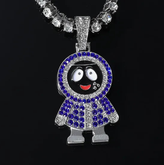 5mm Tennis Chain Tennis Chain Blue Diamond Small Black Face Cartoon Full Diamond Hip Hop Necklace