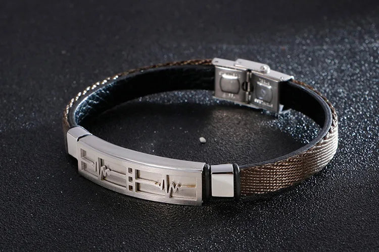 hip-hop retro color block pu leather titanium steel plating gold plated men's bangle