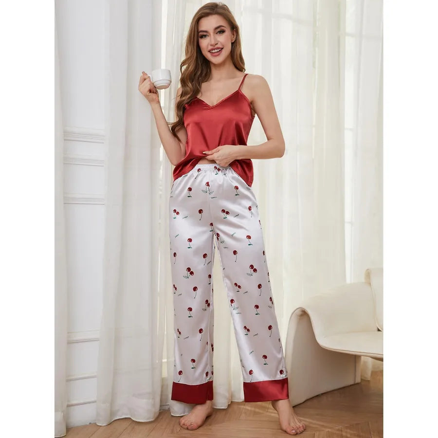 Pajamas Women's Summer Ice Silk Satin Sexy Slip Skirt Pants Two-piece Set Thin Women's Home Clothes