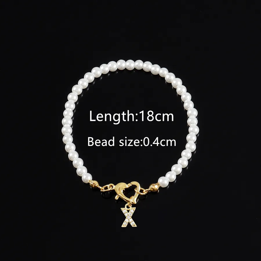 Elegant Classic Style Letter Heart Shape Zircon Artificial Pearl Copper Beaded Chain Beaded Bracelets Wholesale