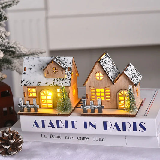 Christmas Decorative LED Lighted Wooden Cabin Tabletop Display Christmas Decoration Wooden Material Illuminated Little House