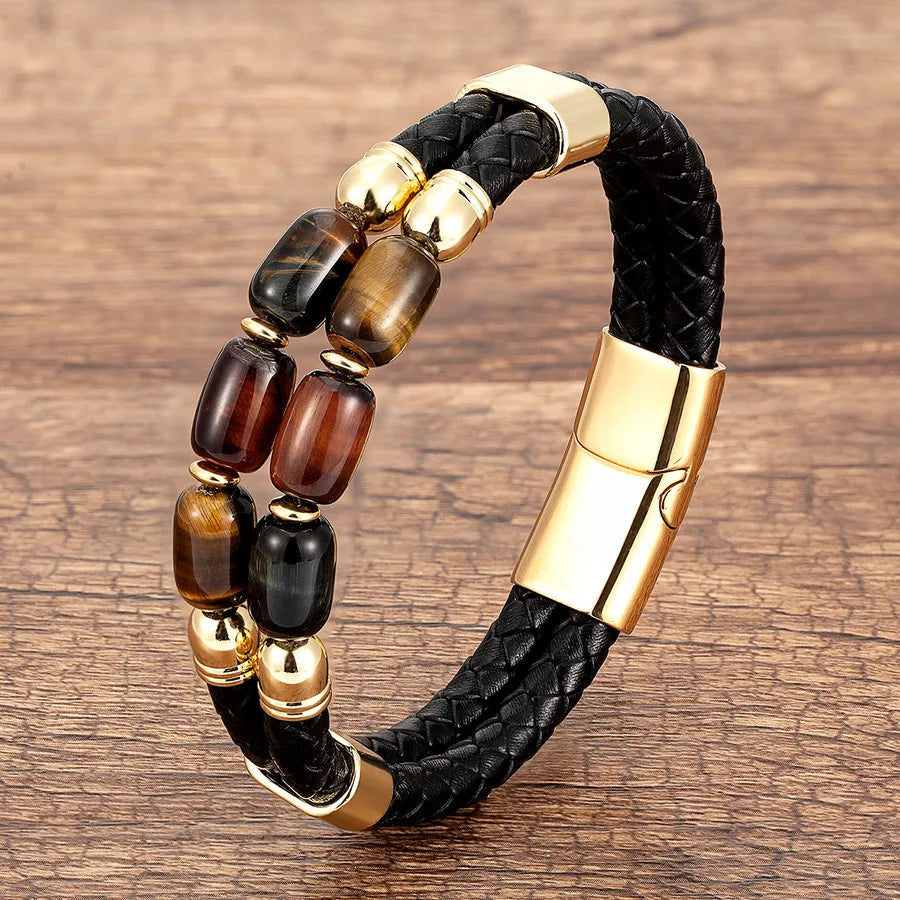 punk classic style cool style color block oval stone metal handmade braid men's bracelets
