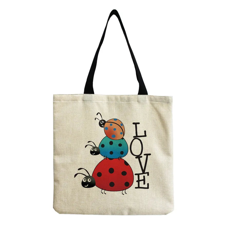 Unisex Cute Beetles Linen Shopping bags