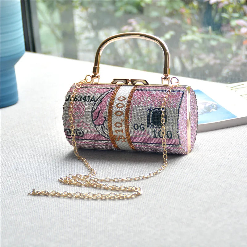 Red Blue Pink Cotton Rhinestone Rubber Drill Color Block Cylindrical Evening Bags