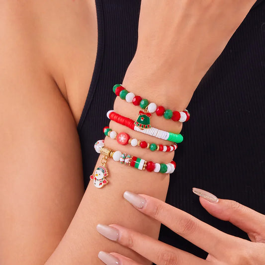 New Christmas Theme Acrylic Santa Claus And Reindeer Elastic Beaded Bracelet Set Colorful Festive Unisex Handmade Jewelry