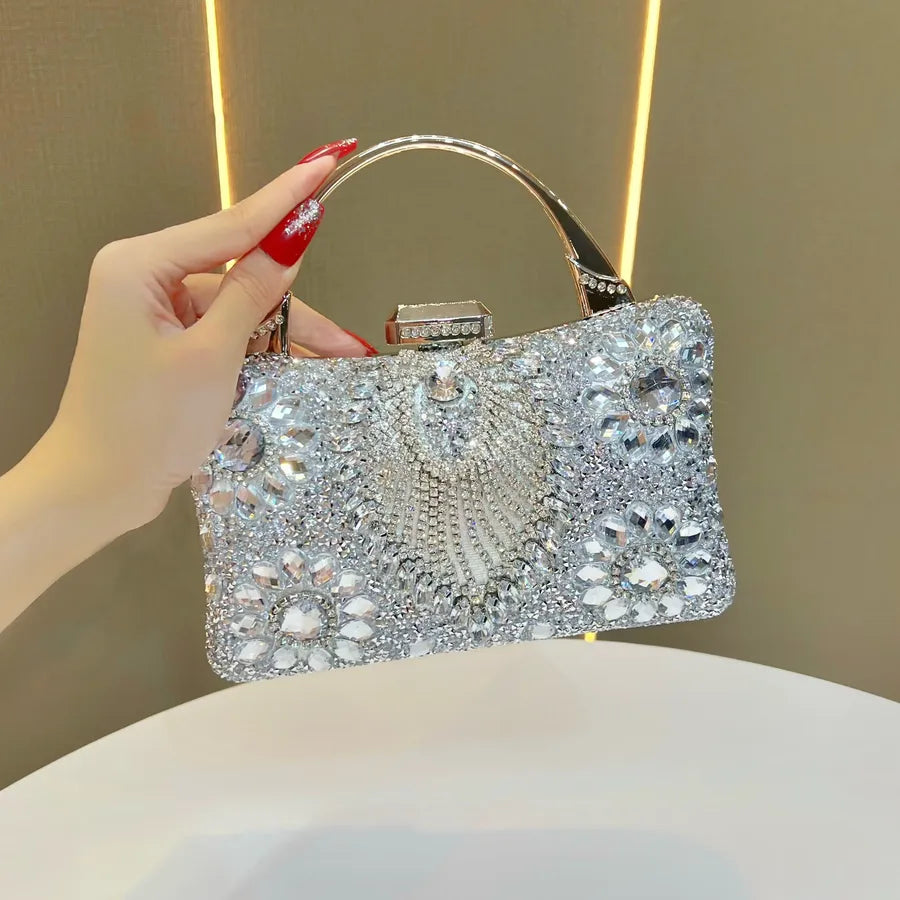 New Heavy Work Diamond Embedded Evening Bag Women's Wedding Banquet Match Cheongsam Handbag Square Shape Single Shoulder Strap