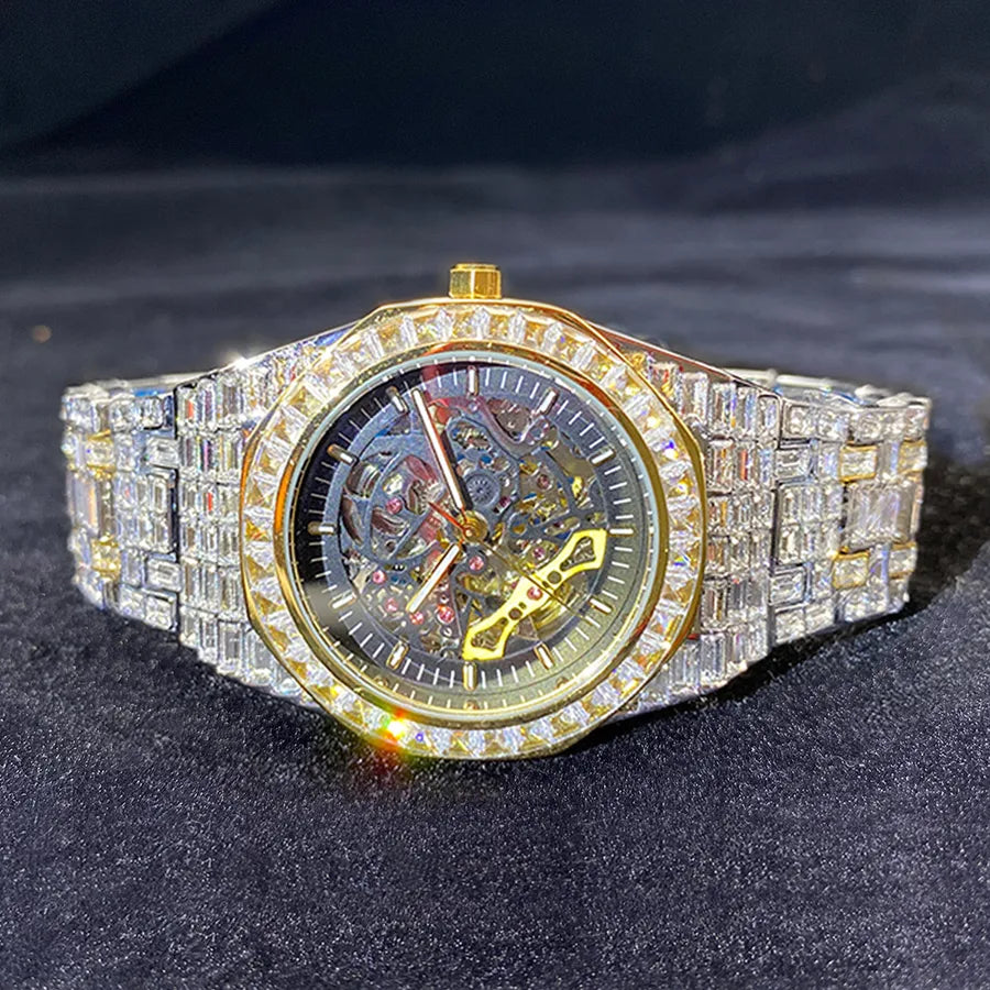 MISSFOX Watch Explosions Hip-hop High-end All-Square Diamond Full Diamond Luminous Hollow Mechanical Watch Men's Wrist Watch