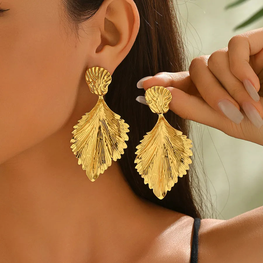 1 Pair Exaggerated Wedding Novelty Leaf 304 Stainless Steel Imitation Gold Drop Earrings