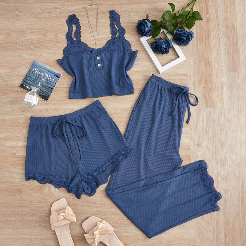 Europe and the United States foreign trade new lace lace pit vest trousers pajamas women wear slim three-piece suit