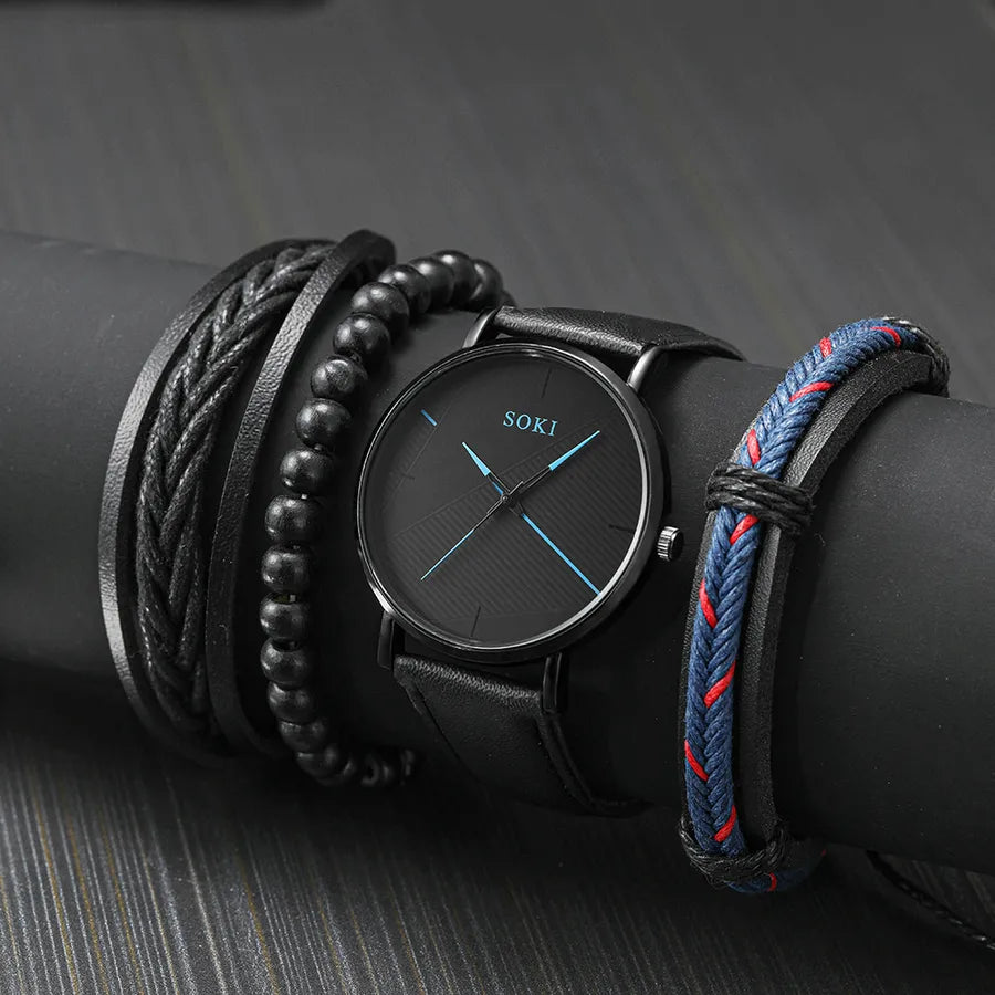 vintage men's belt round pointer quartz watch bracelet set wholesale