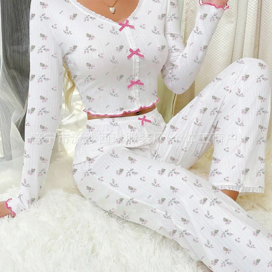 Home Women's Casual Heart Shape Bow Knot Spandex Polyester Pants Sets Pajama Sets