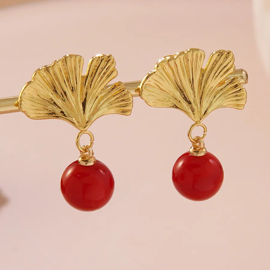 1 Pair Elegant Sweet Flower Ginkgo Leaf 304 Stainless Steel Imitation Gold Drop Earrings