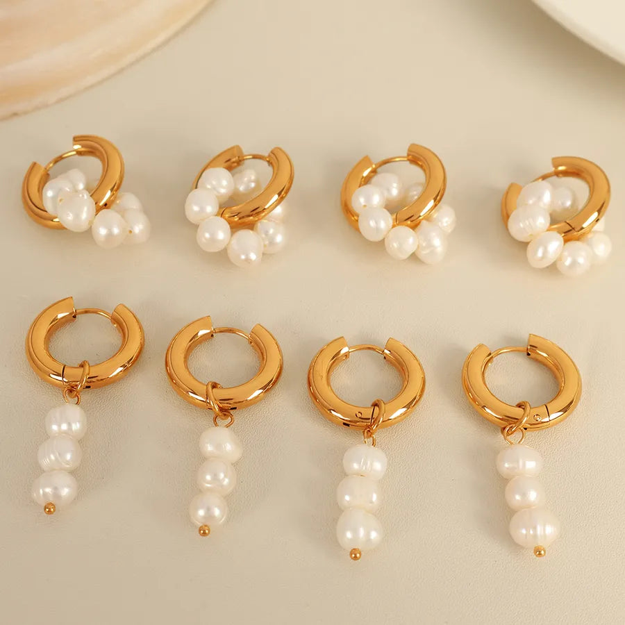 Vintage Style IG Style Geometric 304 Stainless Steel Polishing Inlay Freshwater Pearl Drop Earrings 1 Pair