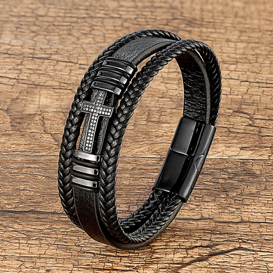 hip-hop retro cross metal plating inlay rhinestones men's bracelets
