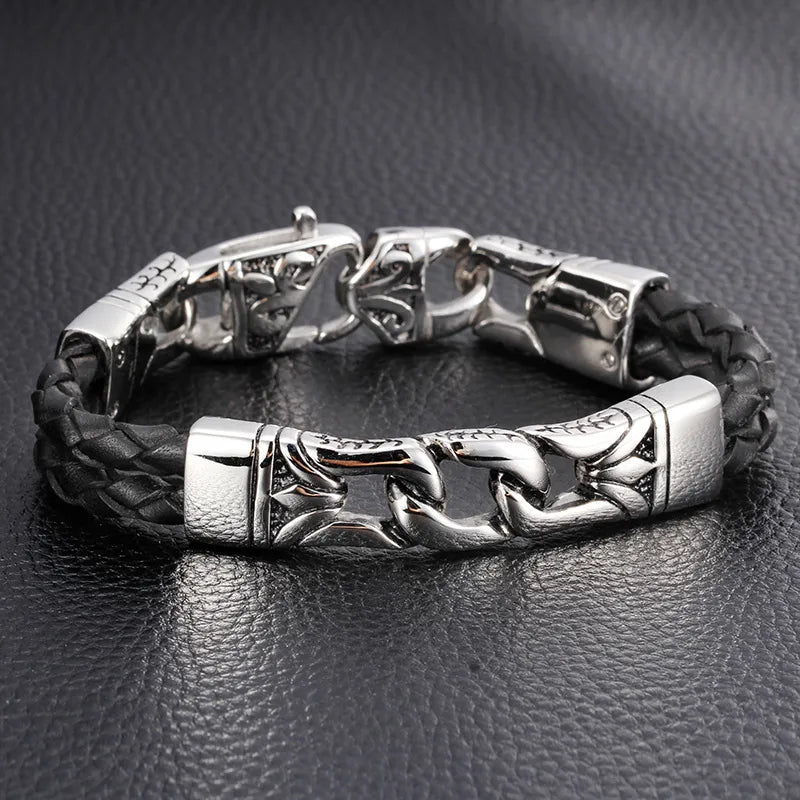 hip-hop retro color block pu leather titanium steel plating gold plated men's bracelets
