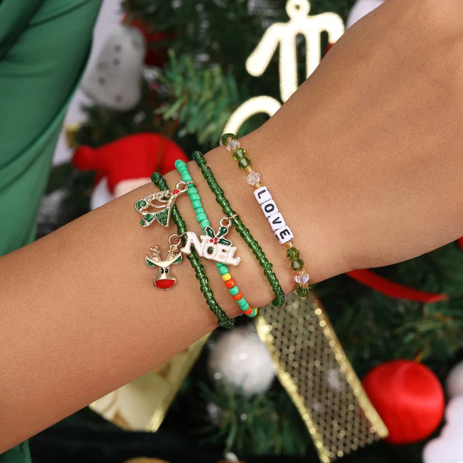 Christmas Deer Santa Claus Letter Bell Bracelet Set Soft Ceramics Cartoon Character Zinc Alloy Unisex