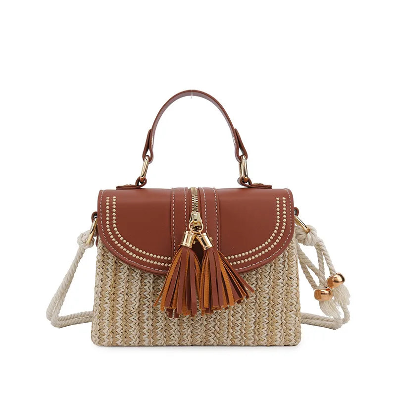 Women's PU Straw Splicing Vintage Style Vacation Square Magnetic Buckle Handbag Crossbody Bag