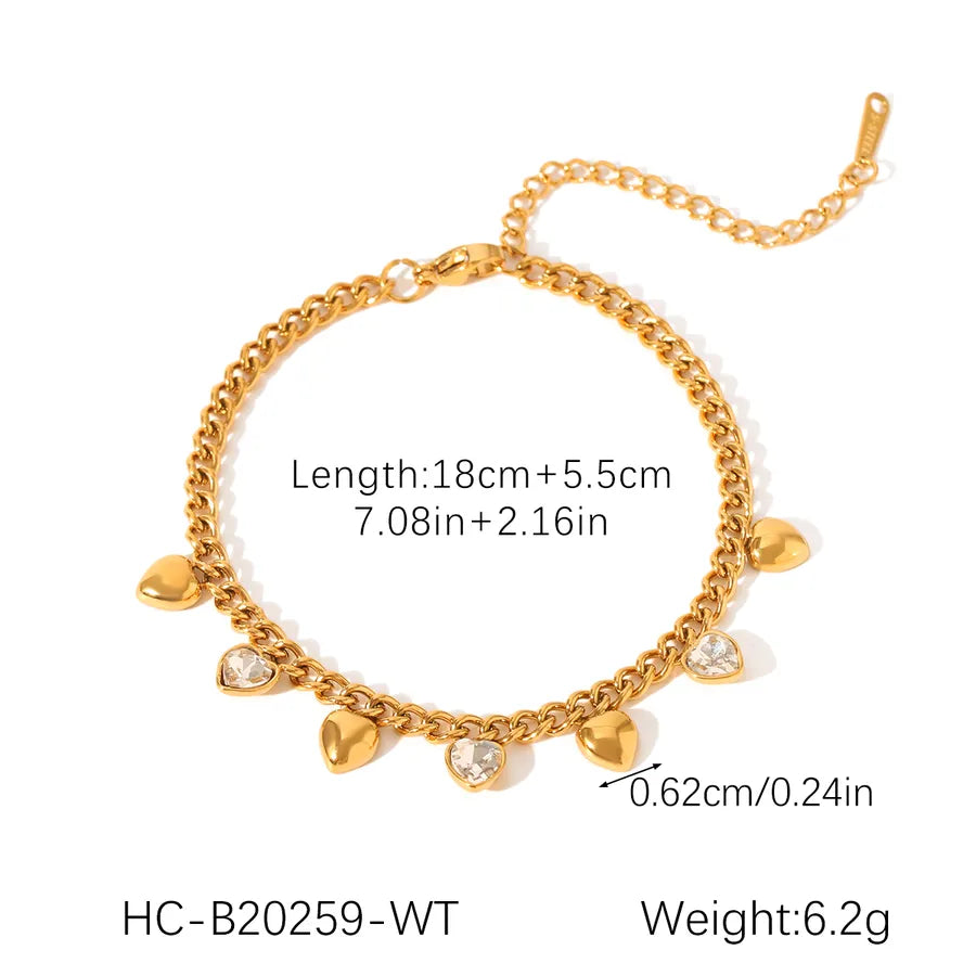 Cute Luxurious Romantic Heart Shape 304 Stainless Steel 18K Gold Plated Zircon cable chain Bracelets In Bulk