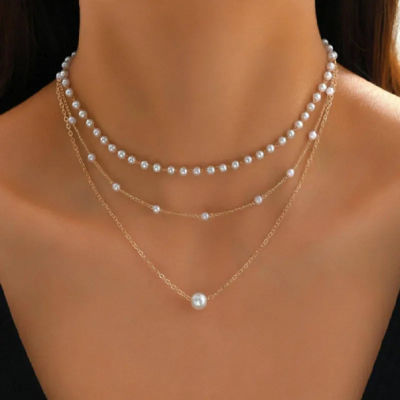 simple style geometric artificial pearl alloy plating women's three layer necklace