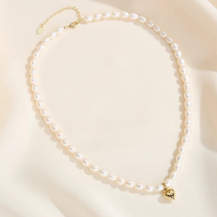 925 Sterling Silver Freshwater Pearl Long-Lasting Plated Beaded Chain Heart Shape Necklace