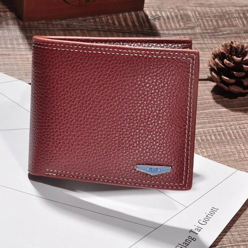 New Men's Double Line Loose-leaf Hardware Label Short Wallet Litchi Pattern Multi-card Horizontal Wallet Middle-aged and Young People's Wallet