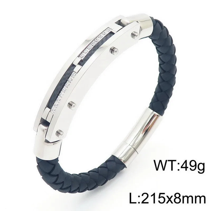 Hip-Hop Retro Color Block Pu Leather Titanium Steel Inlay Zircon 18K Gold Plated Men's Bangle