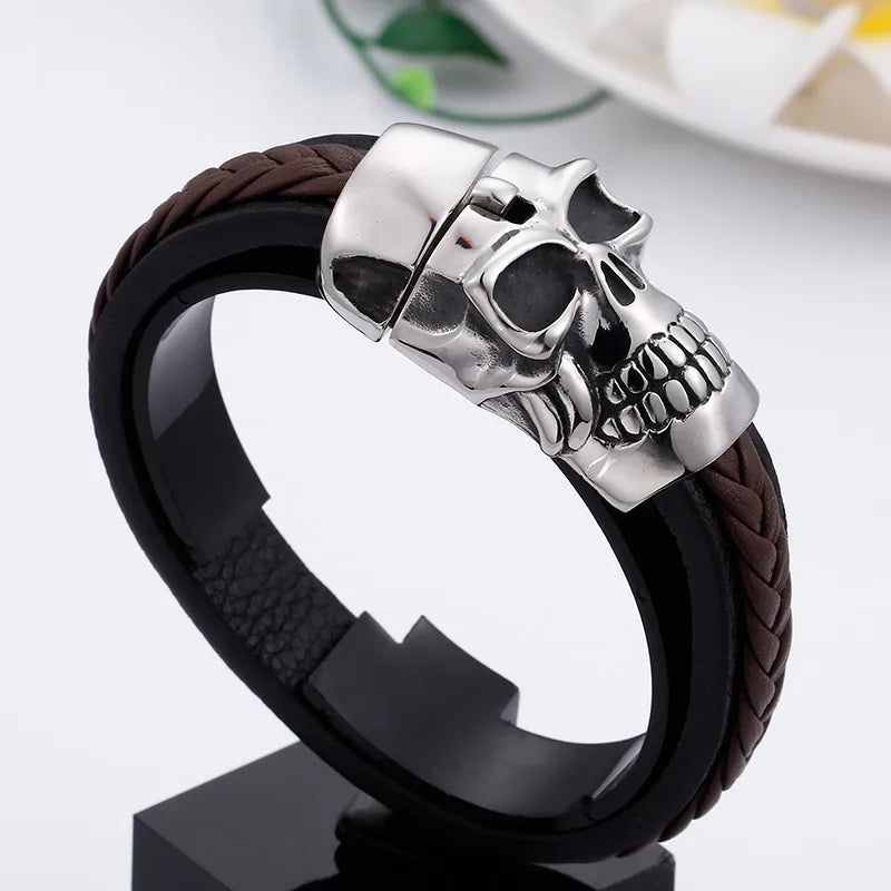 hip-hop retro color block pu leather titanium steel braid men's bangle