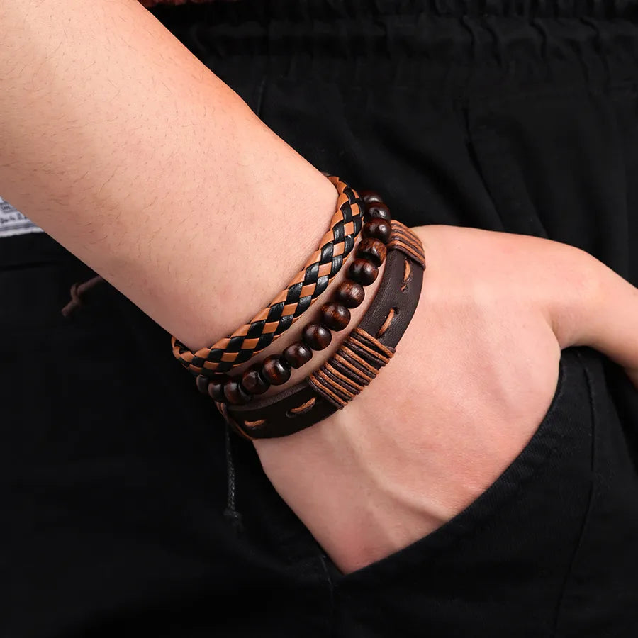 Vintage Style Geometric Pu Leather Woven Chain Wrap Bracelets Wholesale