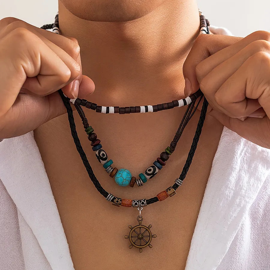 Ethnic Style Bohemian Classic Style Geometric Anchor Wood turquoise rope Wholesale Three Layer Necklace
