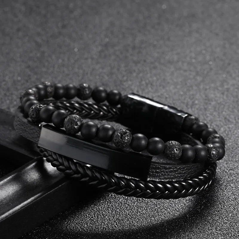 1 piece fashion round pu leather alloy beaded layered patchwork men's bracelets