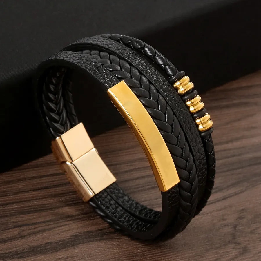 elegant glam classical solid color pu leather alloy handmade men's bangle