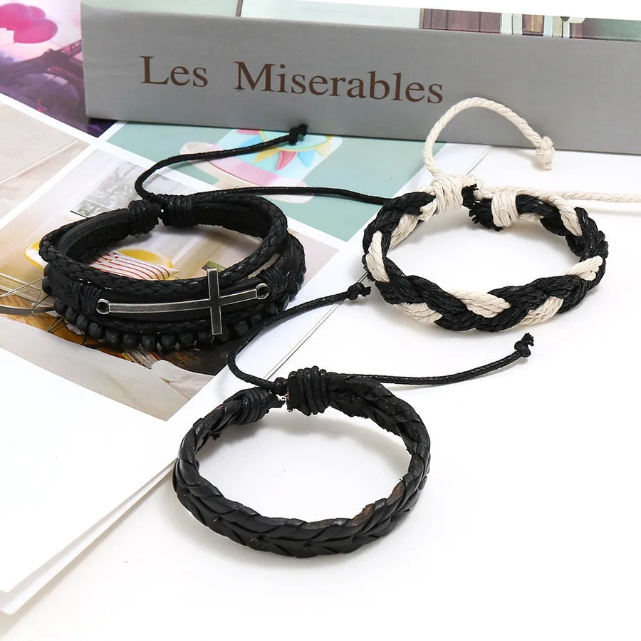 Wooden Bead Combination Cowhide Suit Men's Bracelet Vintage Weave DIY Hemp Rope Bracelet Wrist String