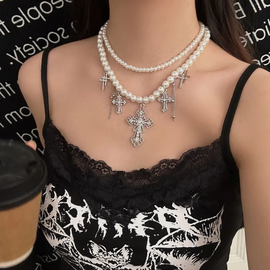 Punk Round Imitation Pearl Alloy Beaded Chain Beaded Necklaces Wholesale