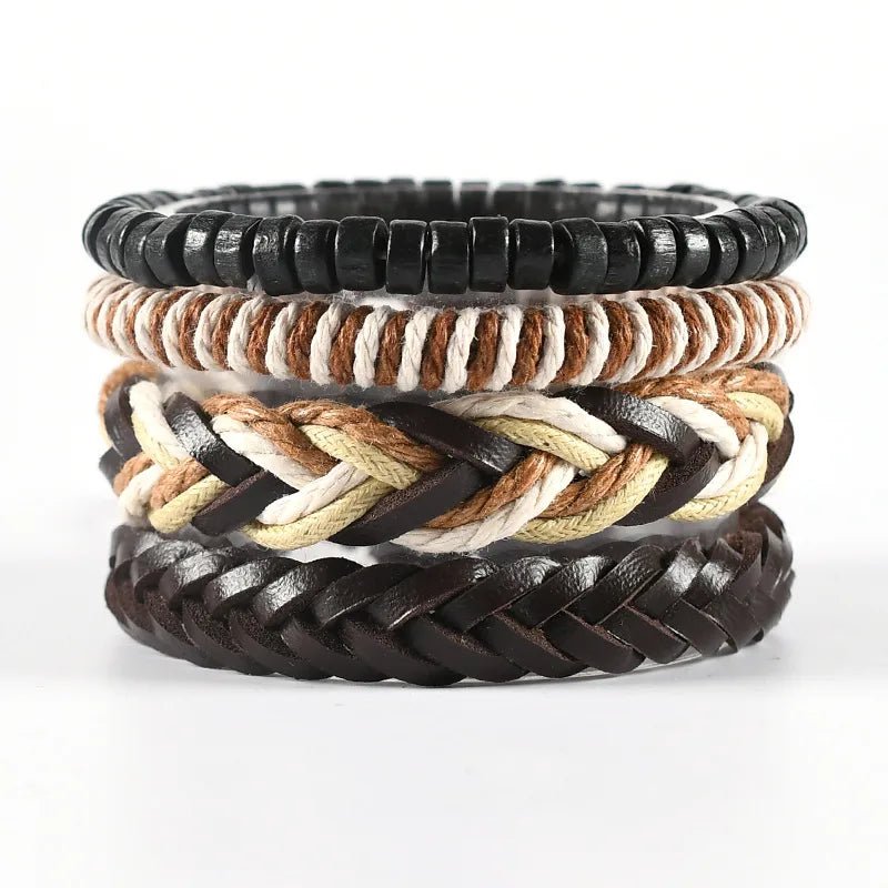 Hip-Hop Retro Geometric Pu Leather Alloy Wooden beads Braid Men's Bracelets Drawstring Bracelets