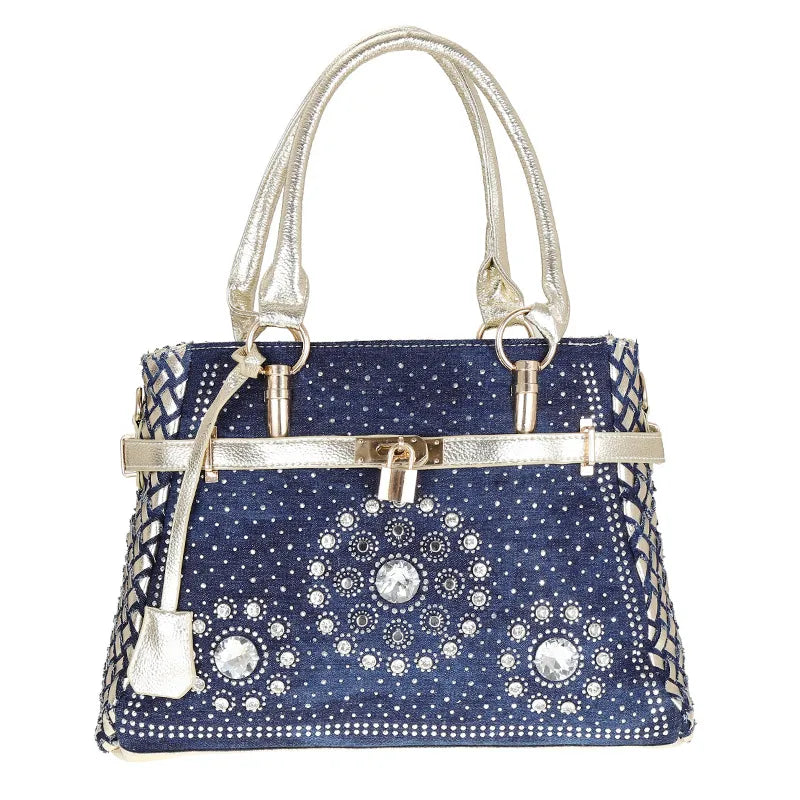 Women's Medium Denim Geometric Streetwear Lock Square Zipper Tote Bag